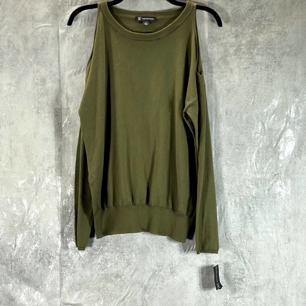 INC Women's Burnt Olive Crewneck Cold-Shoulder Long-Sleeve Sweater SZ S